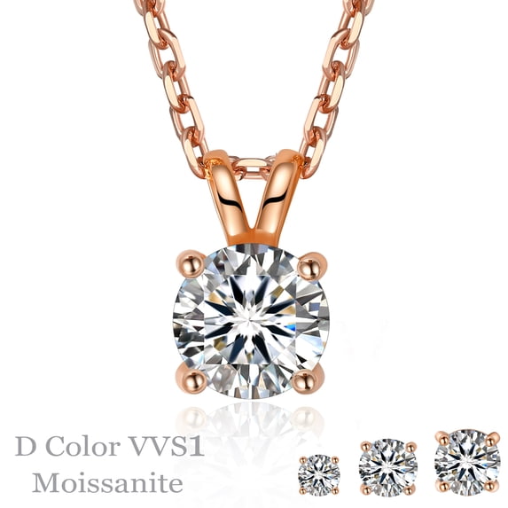 MomentWish 1 Carat Round Cut Moissanite Pendant Necklace 18k Rose Gold Plated Birthday Christmas Jewelry Gift for Women