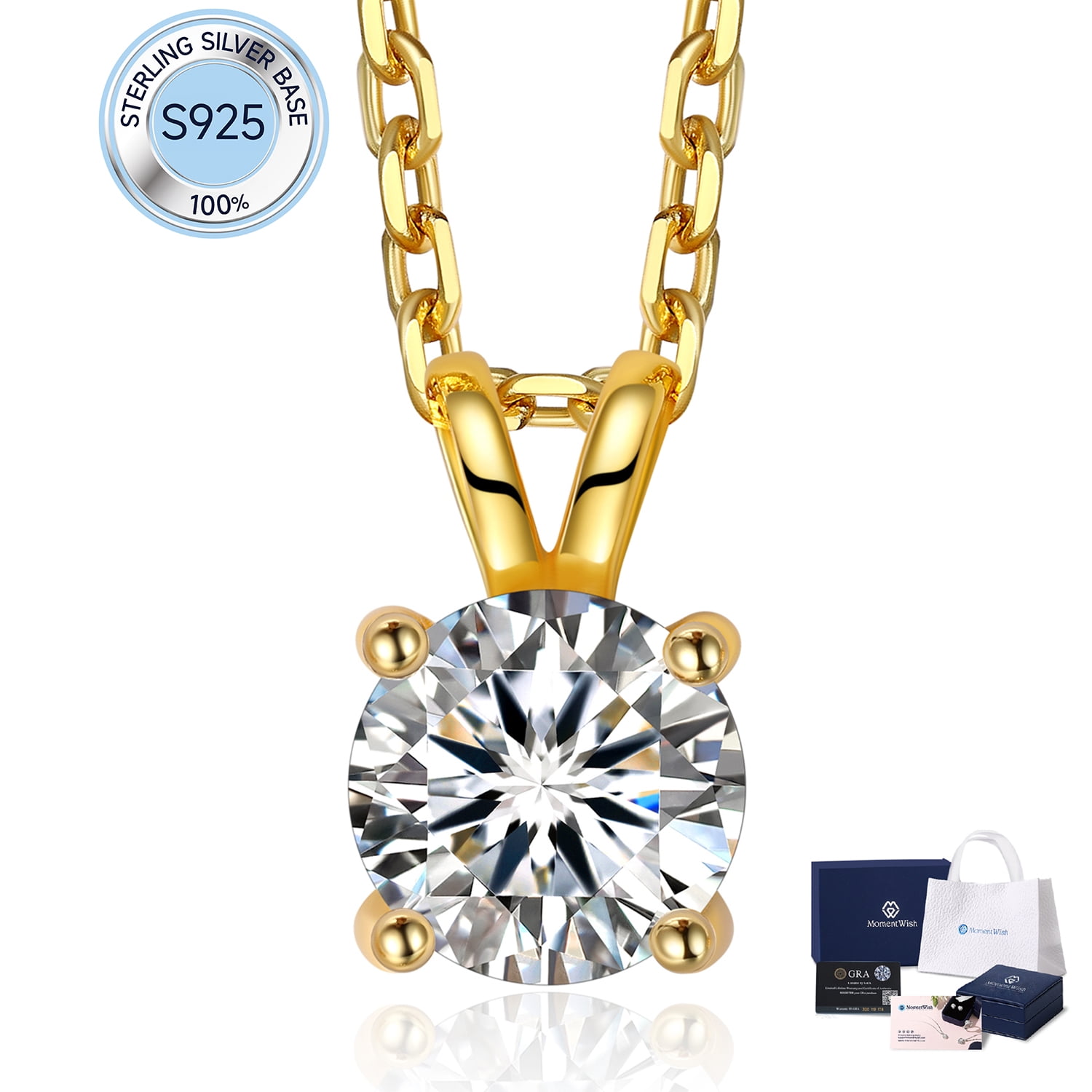 MomentWish 1 Carat Round Cut Lab Grown Diamond Solitaire Pendant Necklace 14K Gold Plated for Women
