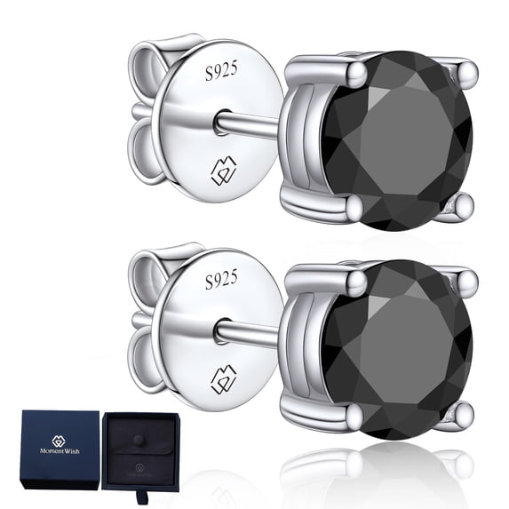 MomentWish Black Moissanite Stud Earrings for Men,2 Carat D Color VVS1 Simulated Diamond 925 Sterling Silver Solitaire Earrings