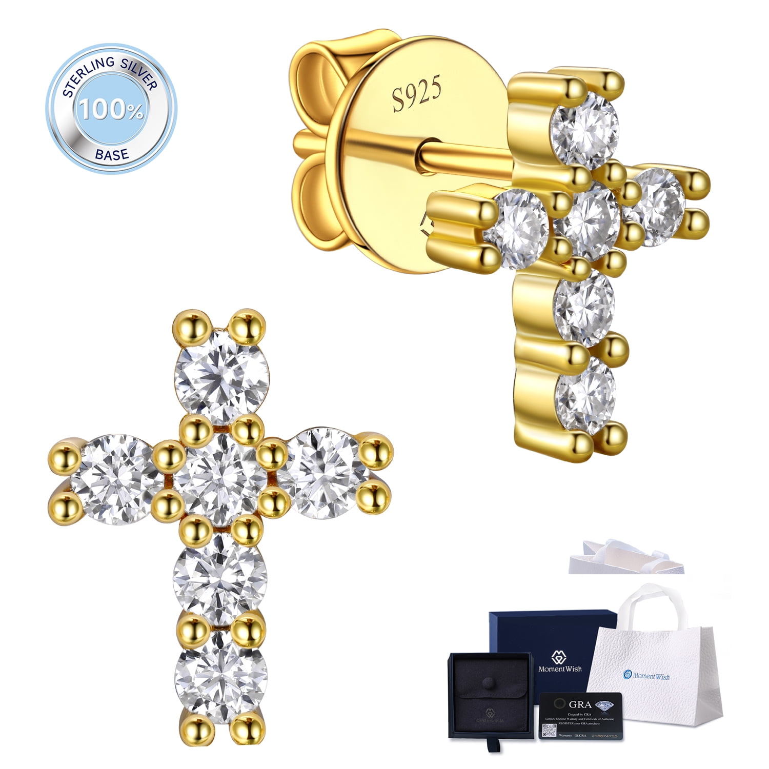 MomentWish 14K Gold Plated Cross Earrings Moissanite Stud Earrings S925 Sterling Silver Christmas Easter Jewelry Gift