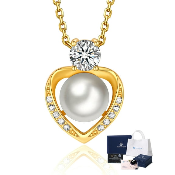 MomentWish 14k Gold Plated Pearl Pendant Necklace,Simulated Diamond Heart Necklace Valentines Day Anniversary Birthday Gift for Wife Mom