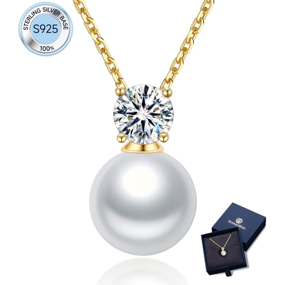 MomentWish 14k Gold Plated Pearl Necklace for Women,1 Carat Round Cut Moissanite Heart Pendant 925 Sterling Silver