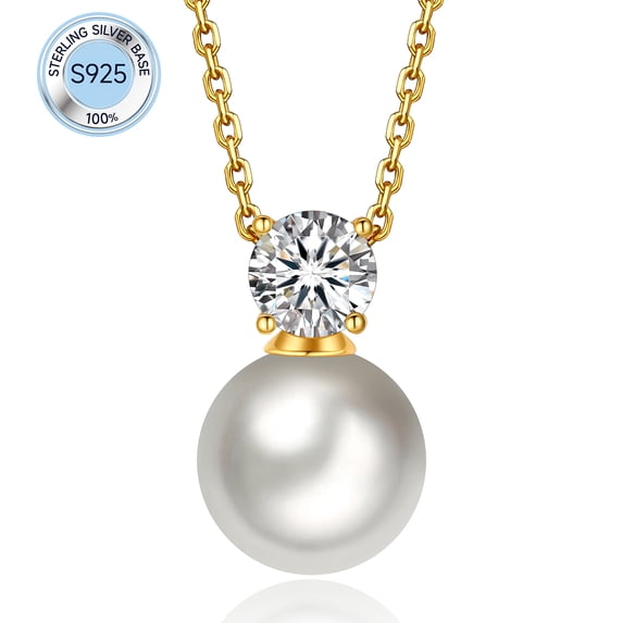 MomentWish 14k Gold Plated Pearl Necklace for Women,1 Carat Round Cut Moissanite Heart Pendant 925 Sterling Silver
