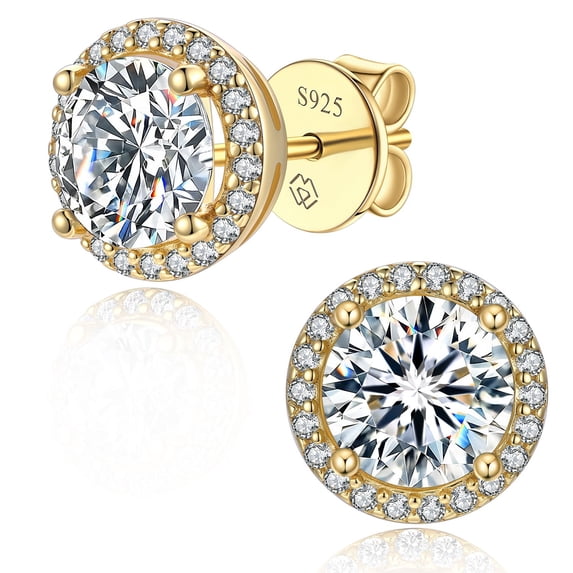 MomentWish 14k Gold Plated Stud Earrings 2 Carat Moissanite Solitaire Earrings for Women Anniversary Gifts
