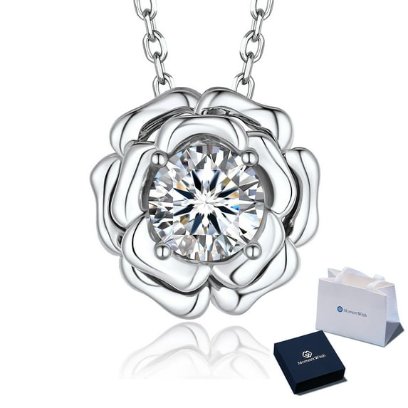 MomentWish Flower Necklace, Anniversary Necklace for Her, 1Carat Moissanite 925 Sterling Silver Rose Necklace for Women Mother's Day gift