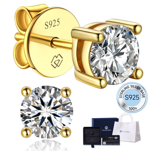 MomentWish 2 Carat D Color VVS1 Moissanite Stud Earrings in 14k Gold Plated Jewelry Gift for Women