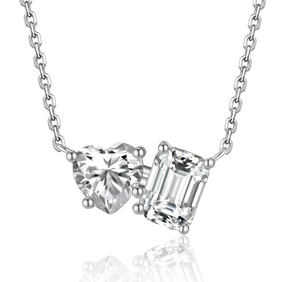 MomentWish 2 Carat Heart and Emerald Cut Moissanite Necklace for Women, 925 Sterling Silver Necklace Bithday Gift for Her
