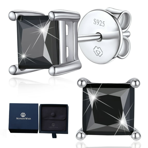 MomentWish 2 Carat Black Moissanite Solitaire Stud Earrings, D Color VVS1 Simulated Diamond 925 Sterling Silver Earrings For Men Women