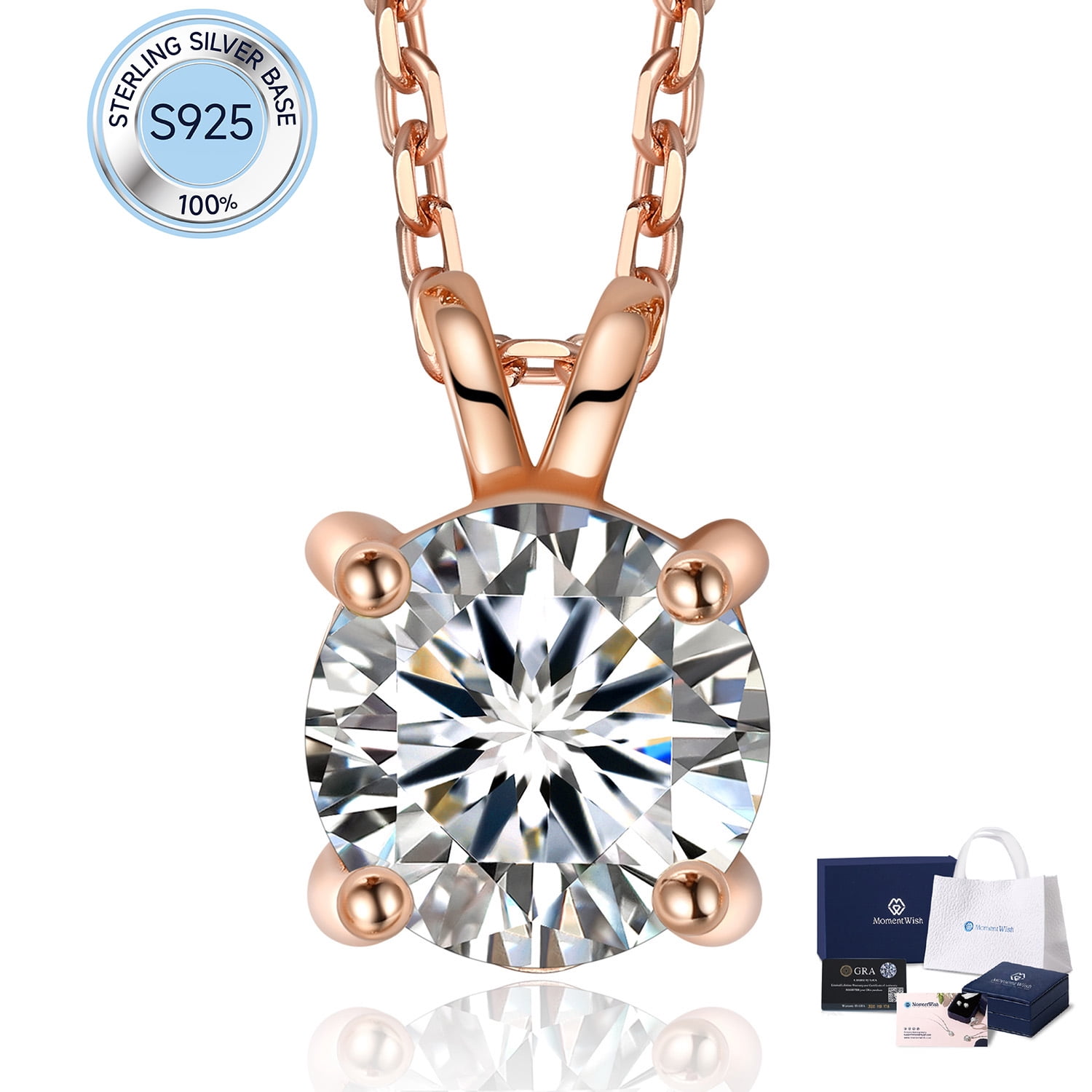 MomentWish 2 Carat Round Cut Lab Grown Diamond Pendant Necklace 14k Rose Gold Plated Jewelry Gift for Mom Wife