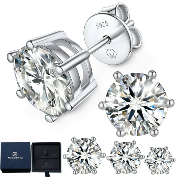 MomentWish 2 Carat Round Shaped Moissanite Solitaire Stud Earrings Sterling Silver Hypoallergenic Earrings Gift for Women Mom Her