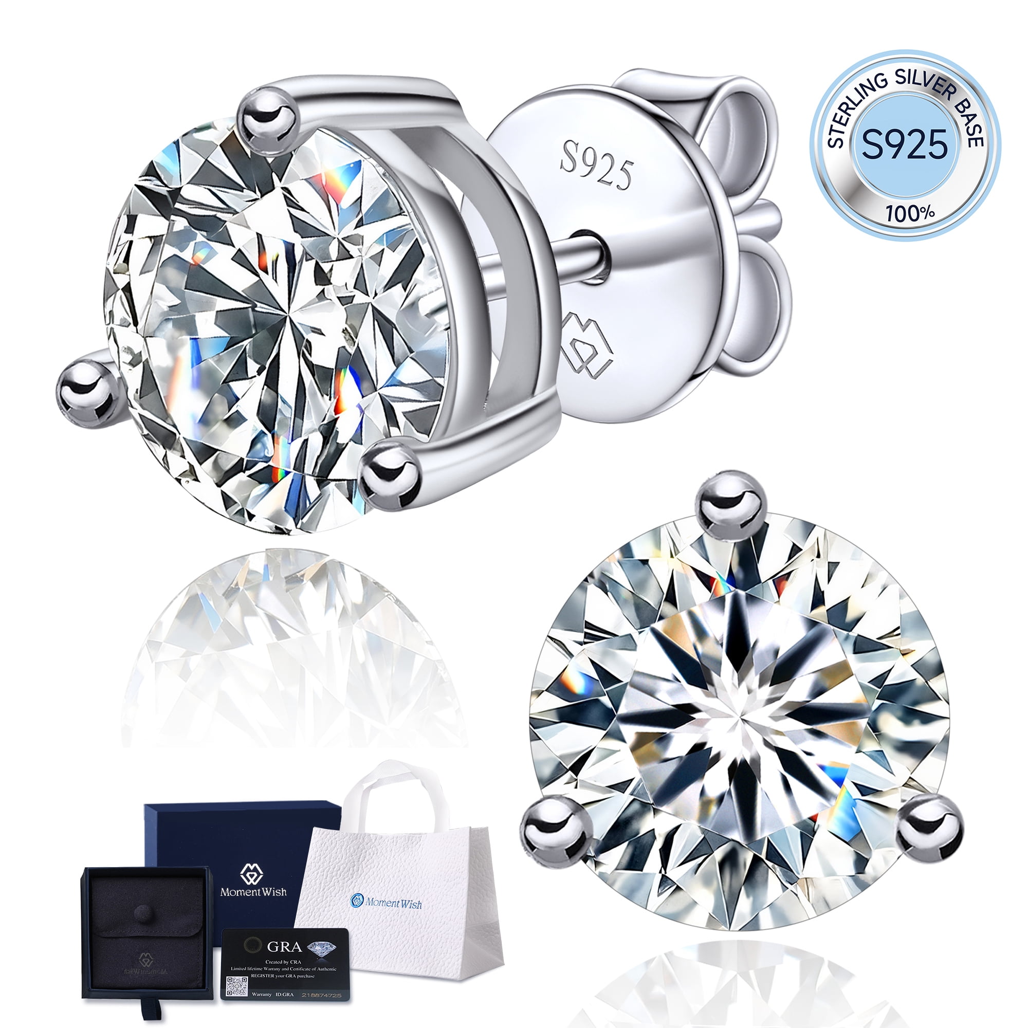 MomentWish Stud Earrings for Women 3 Carat Moissanite Solitaire Earrings 925 Sterling Silver Mother's Day Gift