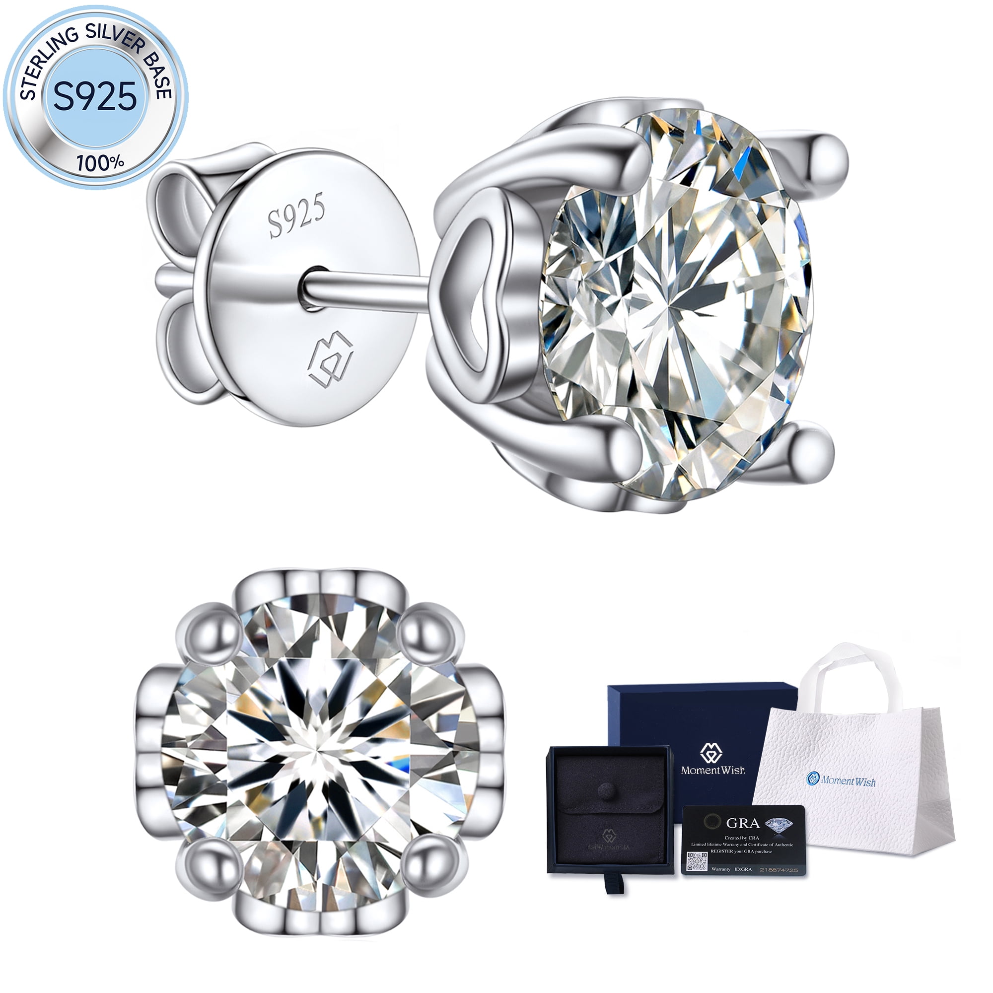 MomentWish 4 Carat Round Moissanite Solitaire Stud Earrings in 18k White Gold Plating Valentine Mother's Day Gift for Women