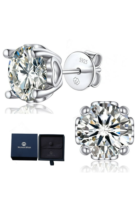 4 Carat Round Moissanite Solitaire Stud Earrings in 18k White Gold Plating - Valentine's Day Gift for Women