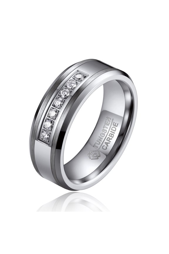8mm Tungsten Rings for Men, Moissanite Engagement Ring for Him, Silver Tungsten Eternity Band-Size10