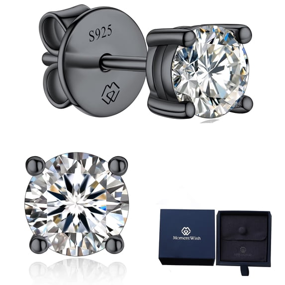 MomentWish Black Moissanite Stud Earrings for Men Women 1 Carat Simulated Diamond Earrings for Anniversary, Christmas