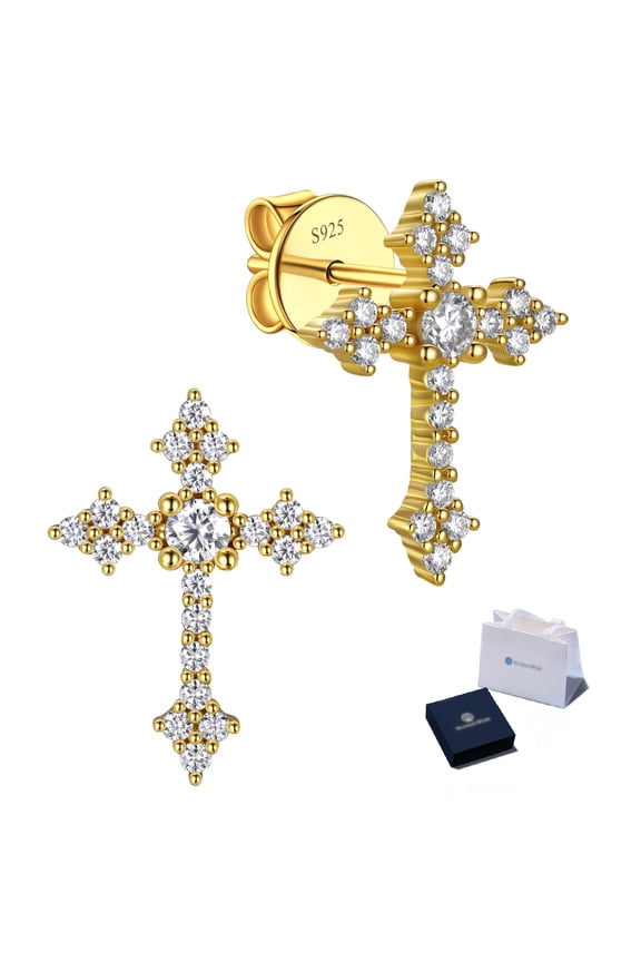 Cross Earrings for Men Women 14K Gold Plated, D Color VVS1 Simulated Diamond Stud Earrings Christmas Jewelry Gift