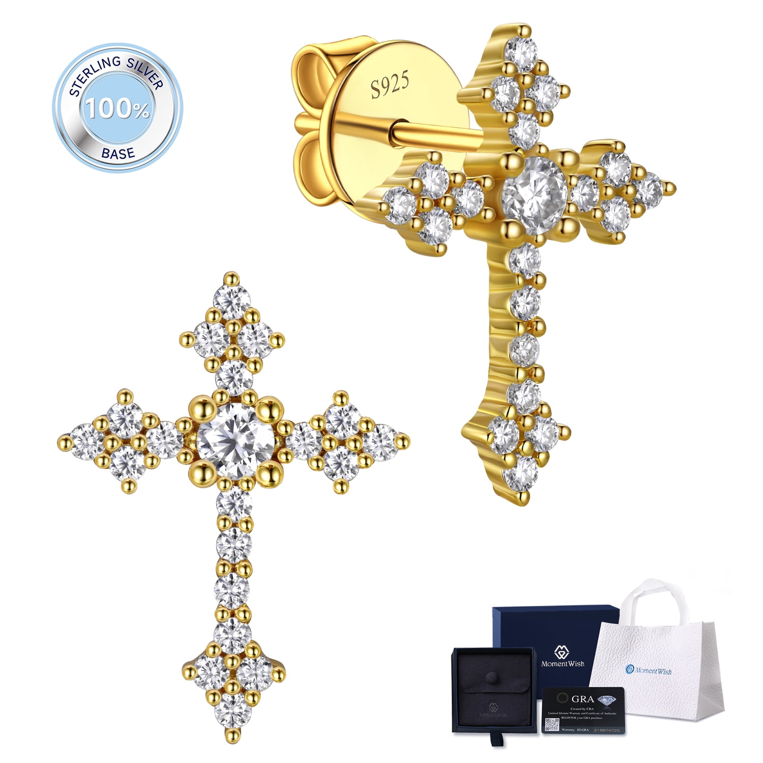 MomentWish Cross Earrings for Men Women 14K Gold Plated Moissanite Stud Earrings Easter Father's Day Jewelry Gift