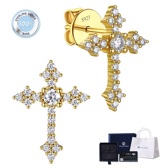 MomentWish Cross Earrings for Men Women 14K Gold Plated, Moissanite Stud Earrings Easter Father's Day Jewelry Gift