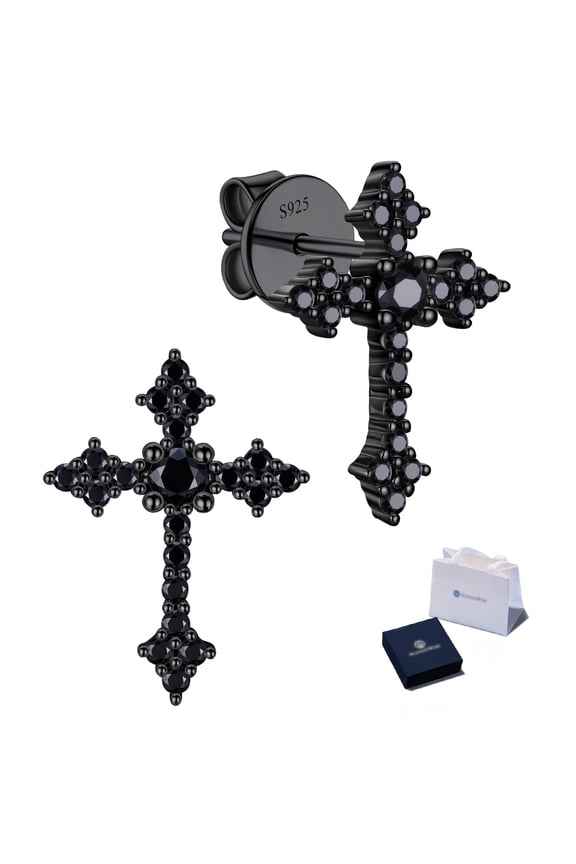 Black Moissanite Cross Earrings for Men Women, D Color VVS1 Simulated Diamond S925 Sterling Silver Stud Earrings