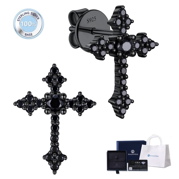 MomentWish Cross Earrings for Men Black Moissanite Stud Earrings S925 Sterling Silver Easter Father's Day Jewelry Gift