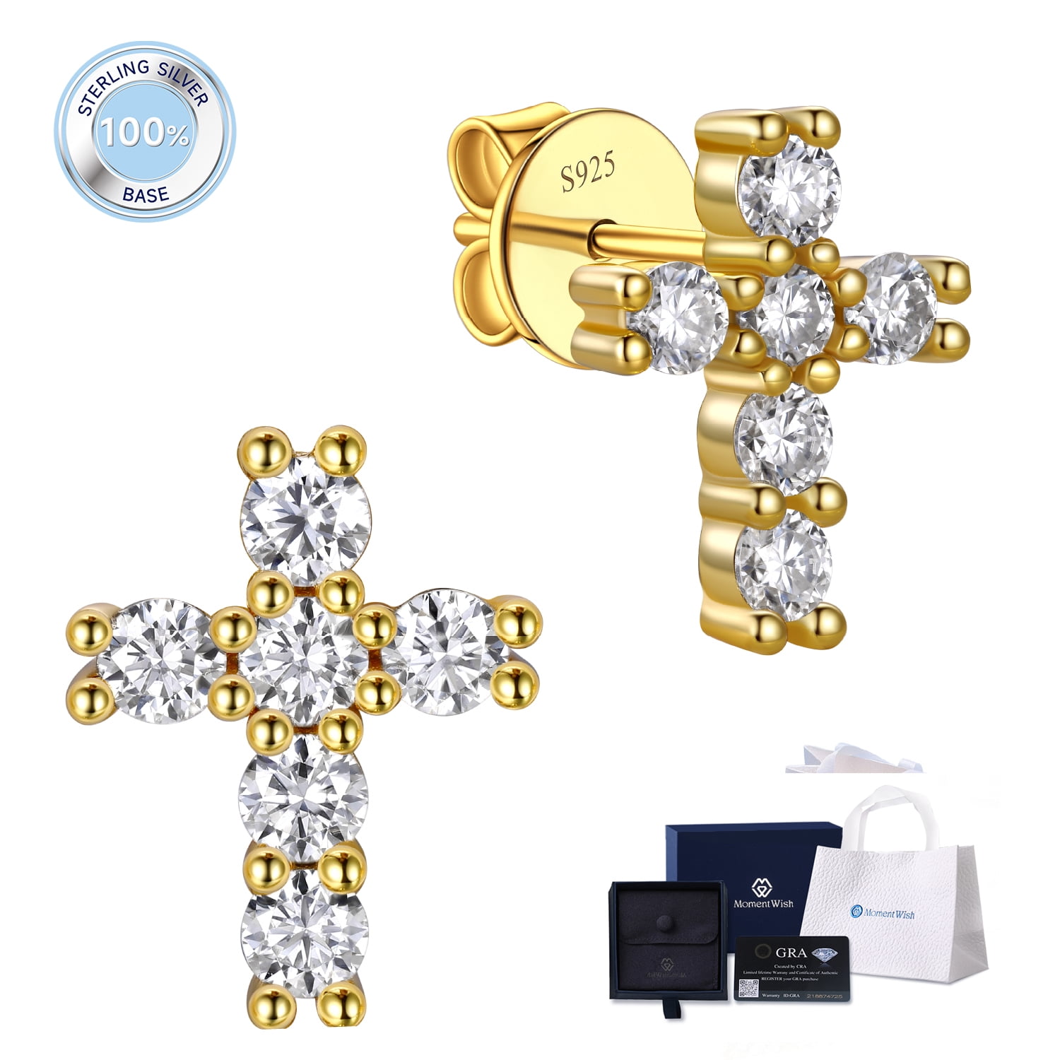MomentWish 14K Gold Plated Cross Earrings Moissanite Stud Earrings S925 Sterling Silver Christmas Easter Jewelry Gift