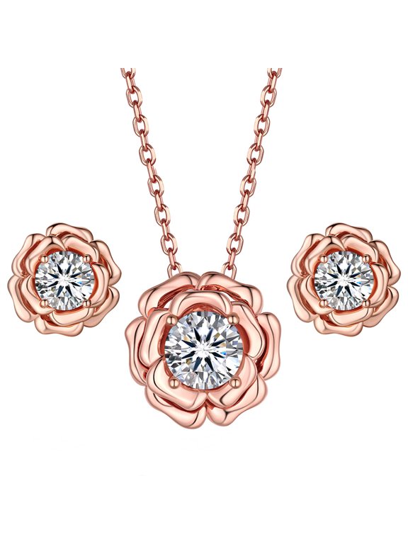 D Color VVS1 Simulated Diamond Rose Flower Necklace Earrings Set for Women 925 Sterling Silver Jewelry Sets