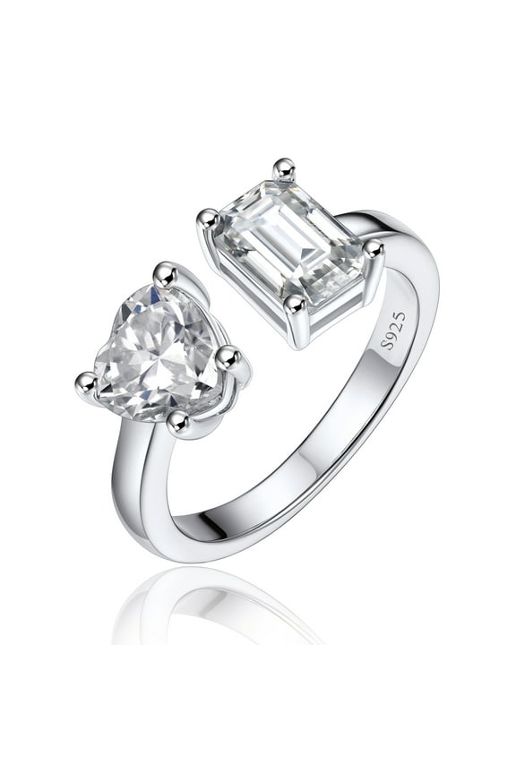 Engagement Ring, 2Carat Heart and Emerald Cut Moissanite Promise Ring for Women, Adjustable 925 Sterling Silver Wedding Band