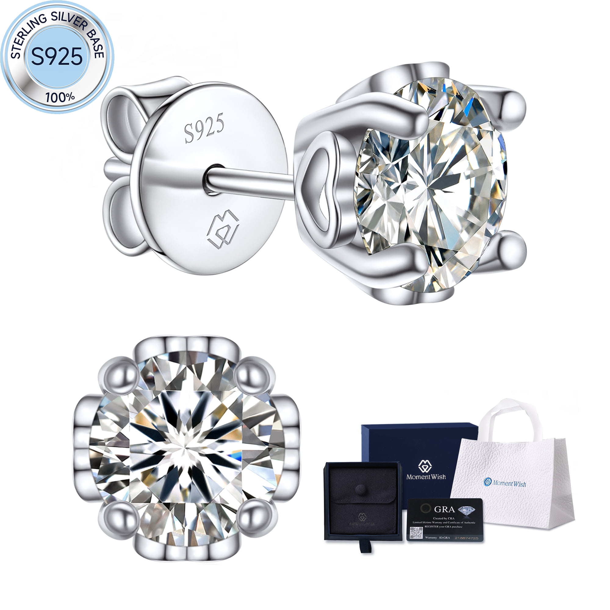 MomentWish 2 Carat Moissanite Studs Earrings S925 Sterling Silver Birthday Christmas Mother's Day Graduation Gifts for Women