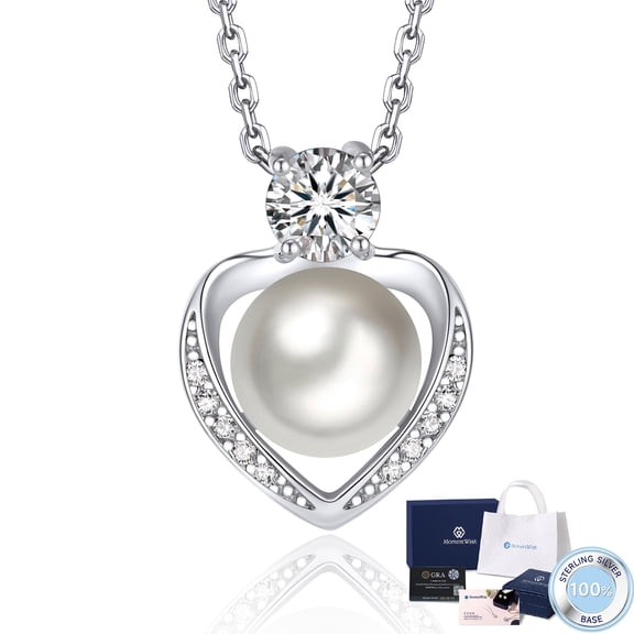MomentWish Moissanite Pearl Necklaces for Women,Simulated Diamond Necklace 925 Sterling Silver Anniversary Valentines Day Gifts for Her