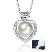 MomentWish Pearl Necklaces for Women,Round Cut Diamond Necklace,925 Sterling Silver Moissanite Heart Necklace Wedding Gift for Her