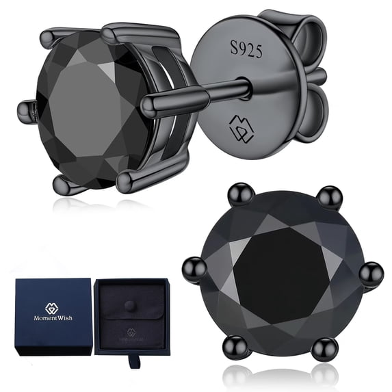 MomentWish 1 Carat Round Cut Black Moissanite Solitaire Earrings S925 Sterling Silver Stud Earring Christmas Birthday Gift