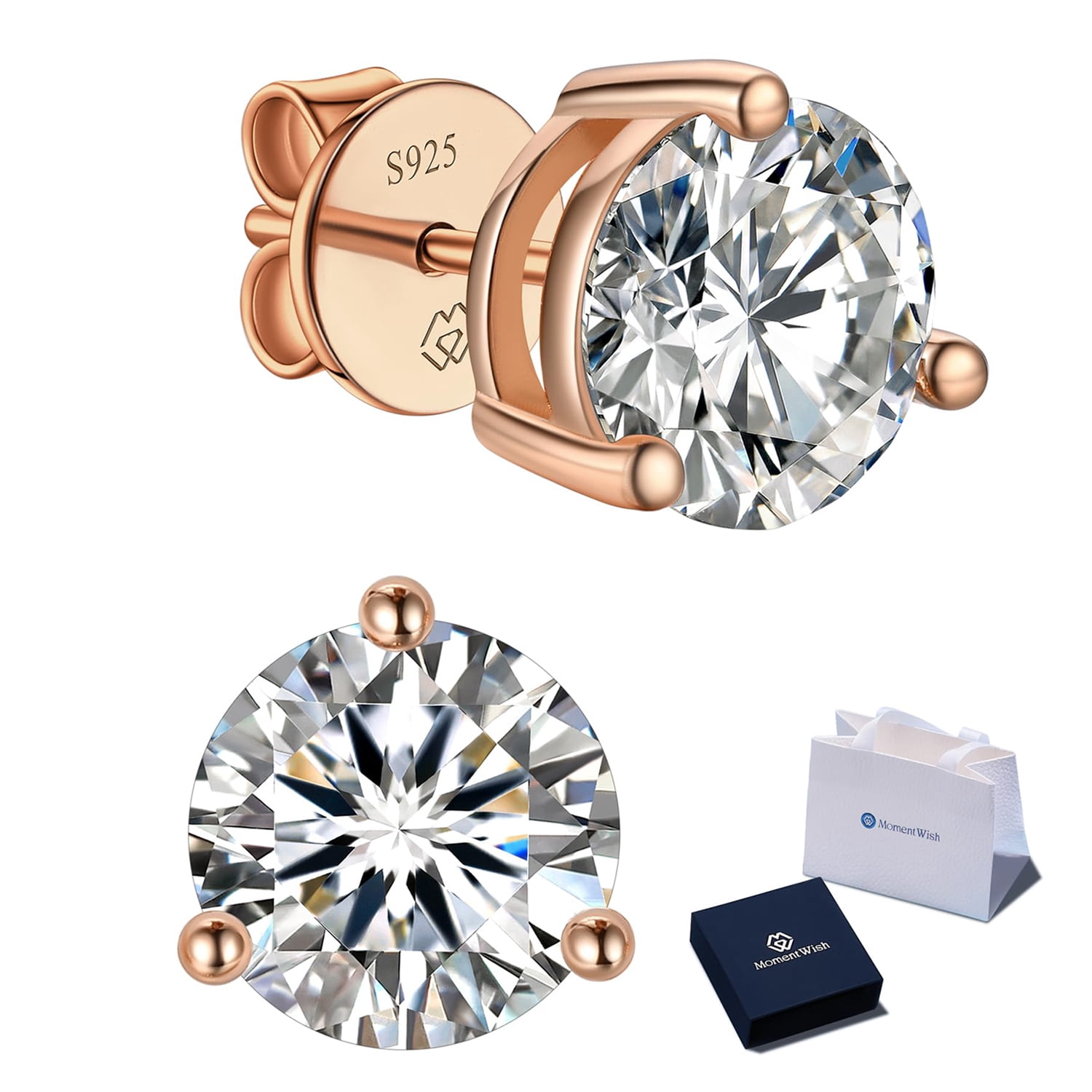 MomentWish Stud Earrings for Women, 14K Rose Gold Plated Moissanite Earrings Christmas Birthday Gift for Wife Mom Girlfriend