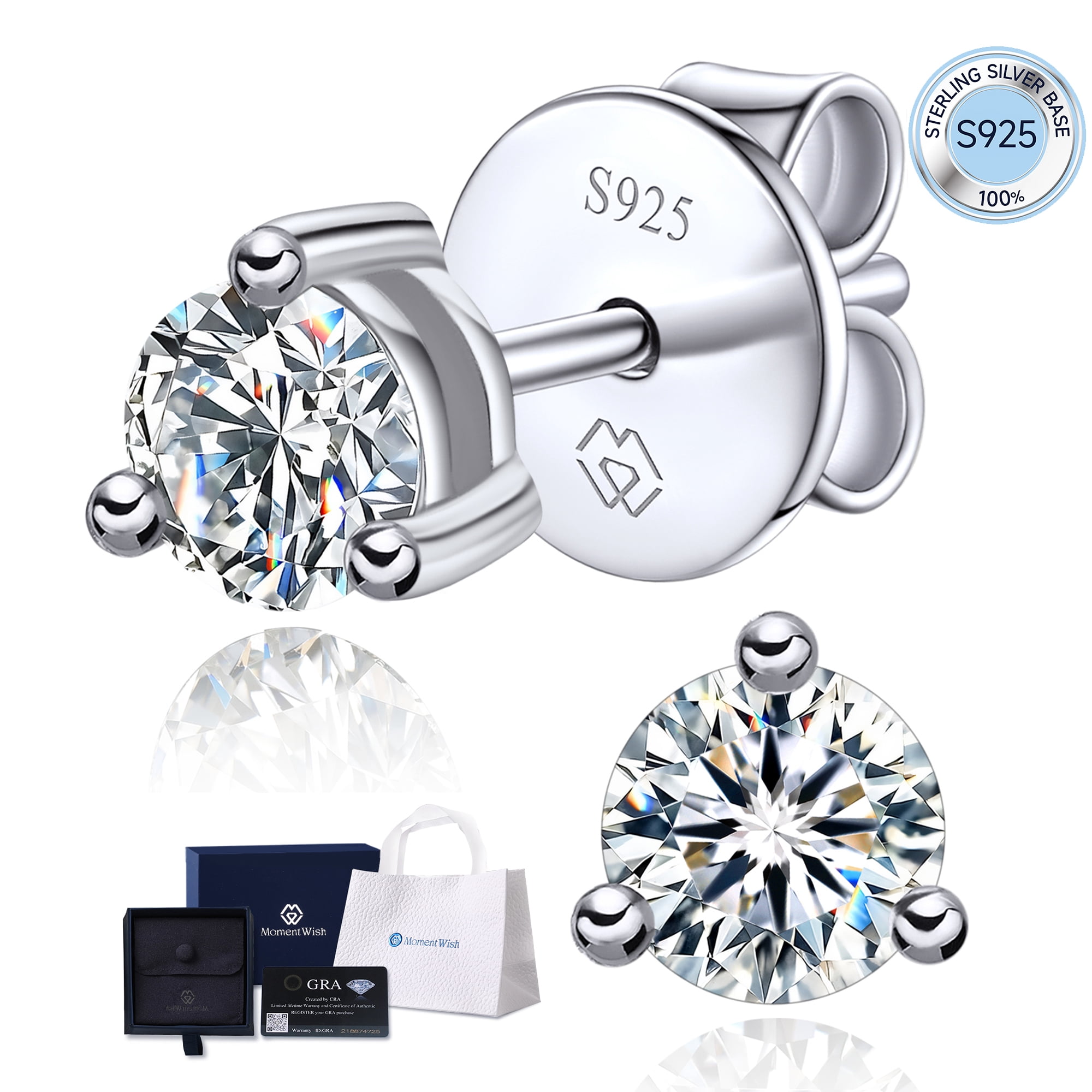 MomentWish Stud Earrings for Women 925 Sterling Silver Round Cut Moissanite Solitaire Earrings