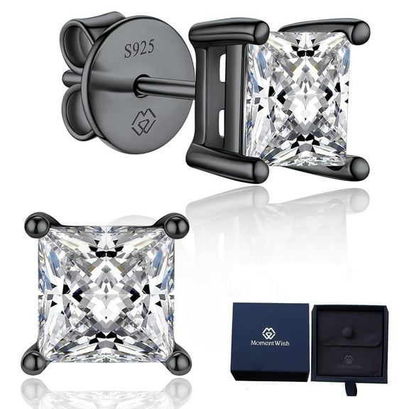 MomentWish Black Moissanite Stud Earrings for Men, 2Carat Princess Cut Simulated Diamond S925 Sterling Silver Earrings
