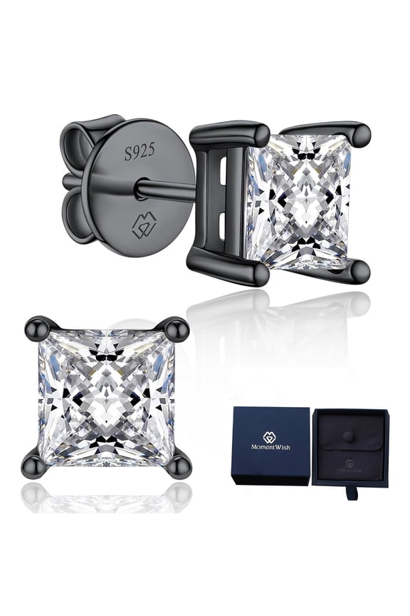 Black Moissanite Stud Earrings for Men, 2Carat Princess Cut Simulated Diamond S925 Sterling Silver Earrings
