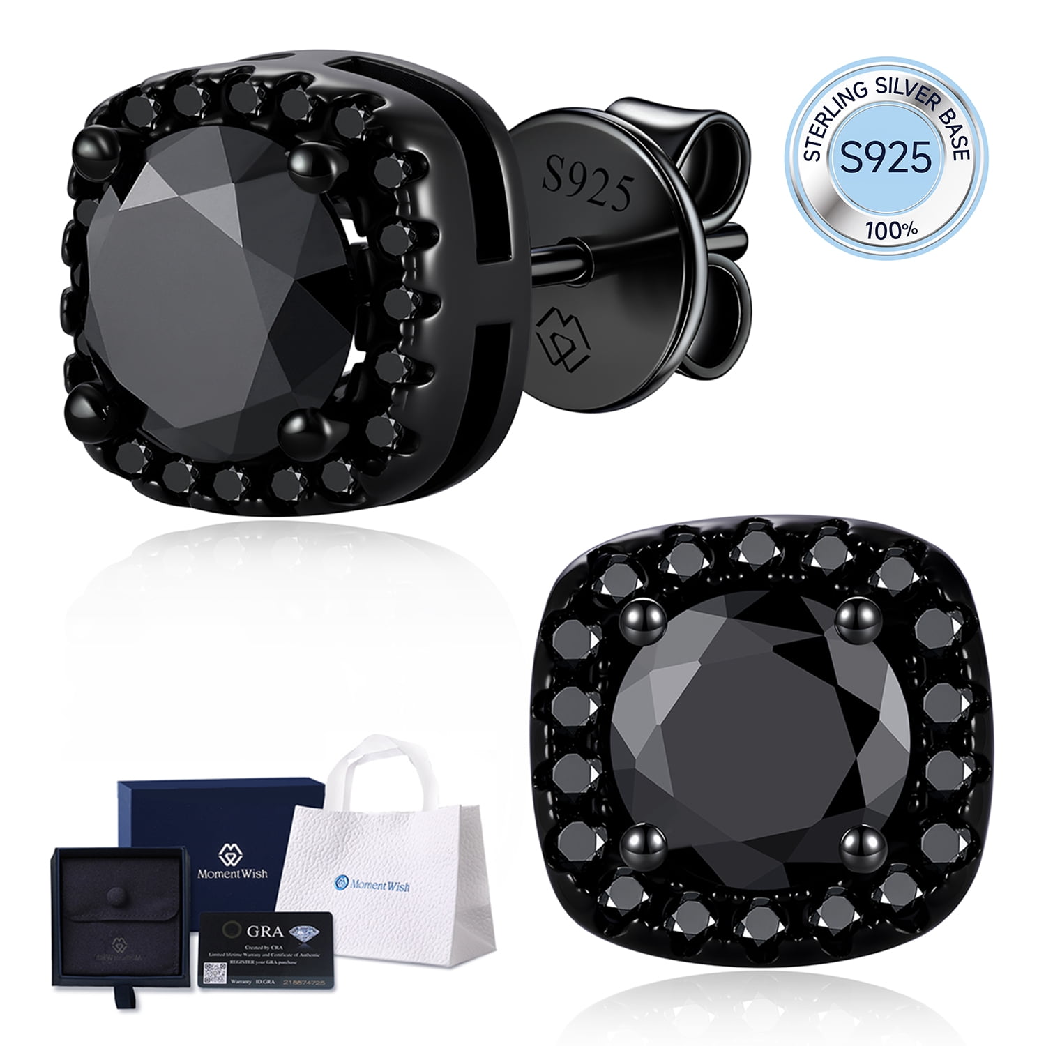 MomentWish 2 Carat Black Moissanite Stud Earrings for Women Men 925 Sterling Silver Halo Studs Father's Day Gift