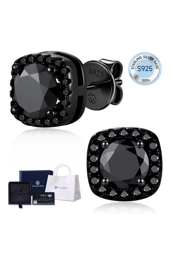 2 Carat Black Moissanite Stud Earrings for Women Men 925 Sterling Silver Halo Studs Father's Day Gift