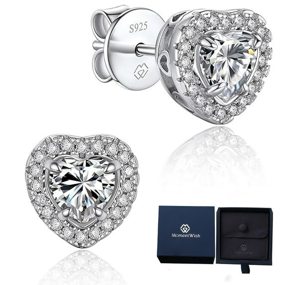 MomentWish Moissanite Heart Earrings for Women, 1 Carat Simulated Diamond Sterling Silver Stud Earrings Valentine's Day Gifts