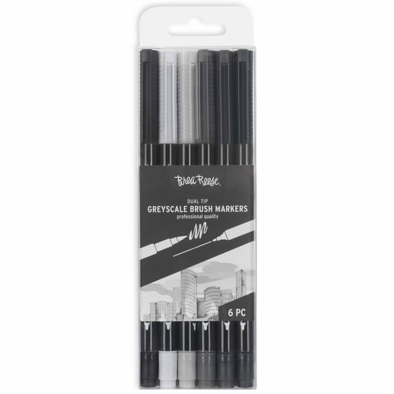 Brea Reese: Dual-Tip Brush Markers - Grayscale - 6pc Elegant Gray Tones, Shading & Monochromatic, Drawing &Writing, Fast-Drying, Adult Art Supplies