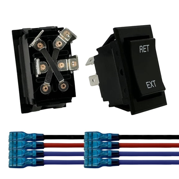 Momentary Reverse Polarity Rocker Switch with Wires for RV Tongue Trailer Stabilizer, Motor Control - 20 Amp 12V DC, DPDT, Power Toggle Jack Switch (4 Pin, 2 Pack)