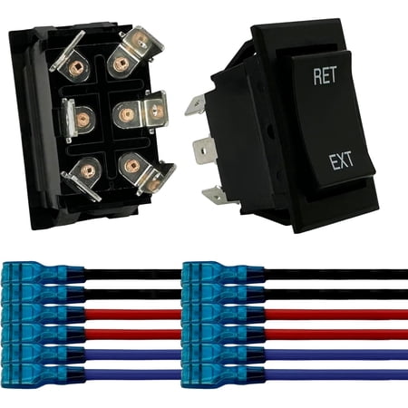 Momentary Reverse Polarity Rocker Switch with Wires for RV Tongue Trailer Stabilizer, Motor Control - 20 Amp 12V DC, DPDT, Power Toggle Jack Switch (6 Pin, 2 Pack)