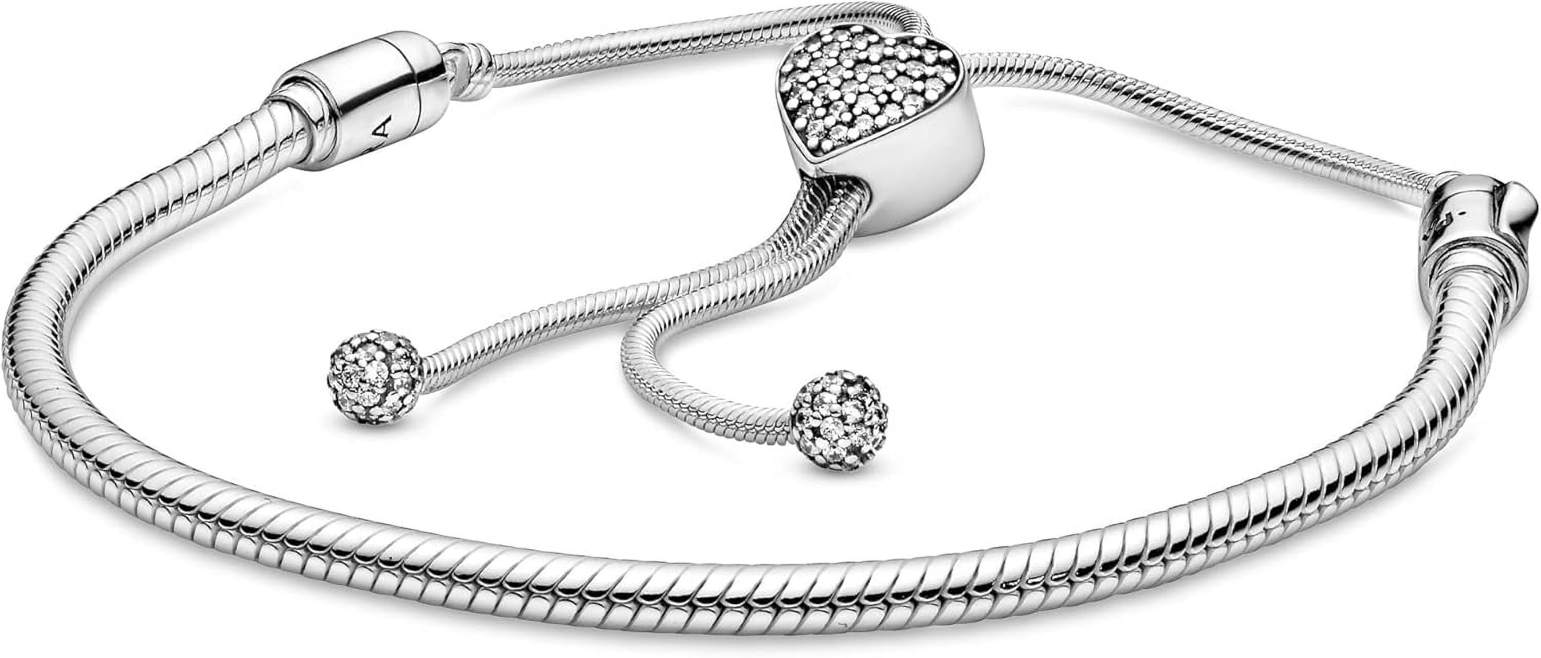 PAN-DORA Moments Pav Heart Clasp Snake Chain Slider Bracelet - Compatible with Moments Charms - Sterling Silver & Cubic Zirconia Charm Bracelet - 28 cm