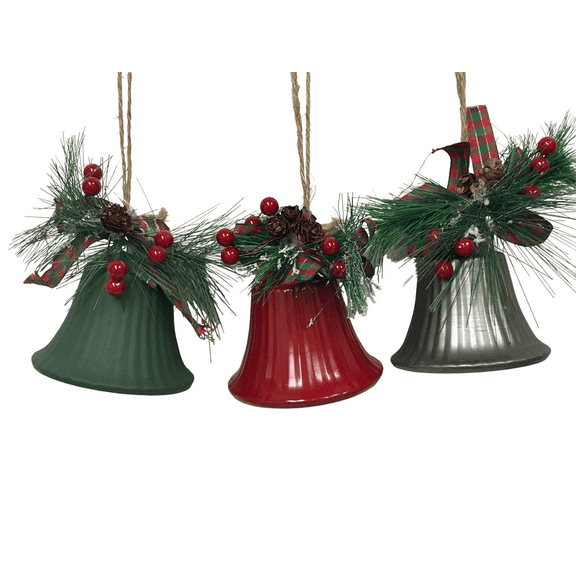 Momentum Brand 3.5 in. Mix 3 Metal Liberty Bell Ornaments with Pinecone Holy Buffalo Plaid Bow Accents