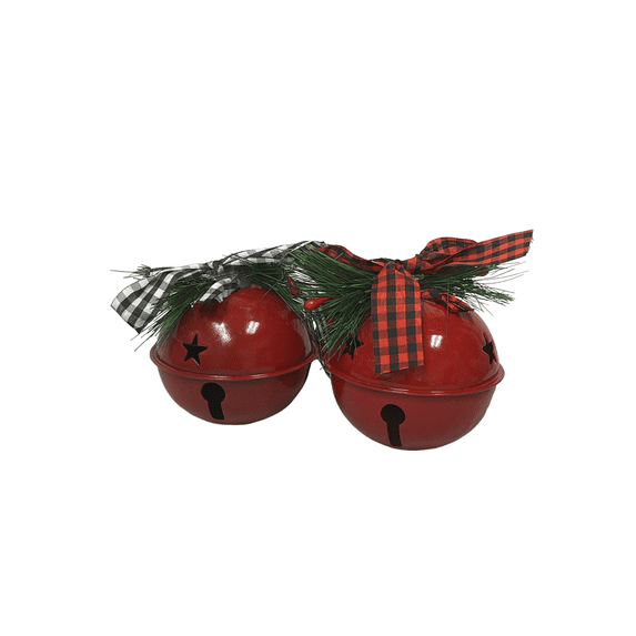 Momentum Brand 3 in. Red Metal Jingle Bell Ornaments with Pine Buffalo Plaid Bow Accents; Set of 2 Black and Red Color Bow