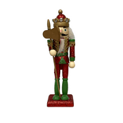 Momentum Brand Wooden Christmas 8 1/4" Nutcracker King. Red and Green Outfit with Ox in Hand.