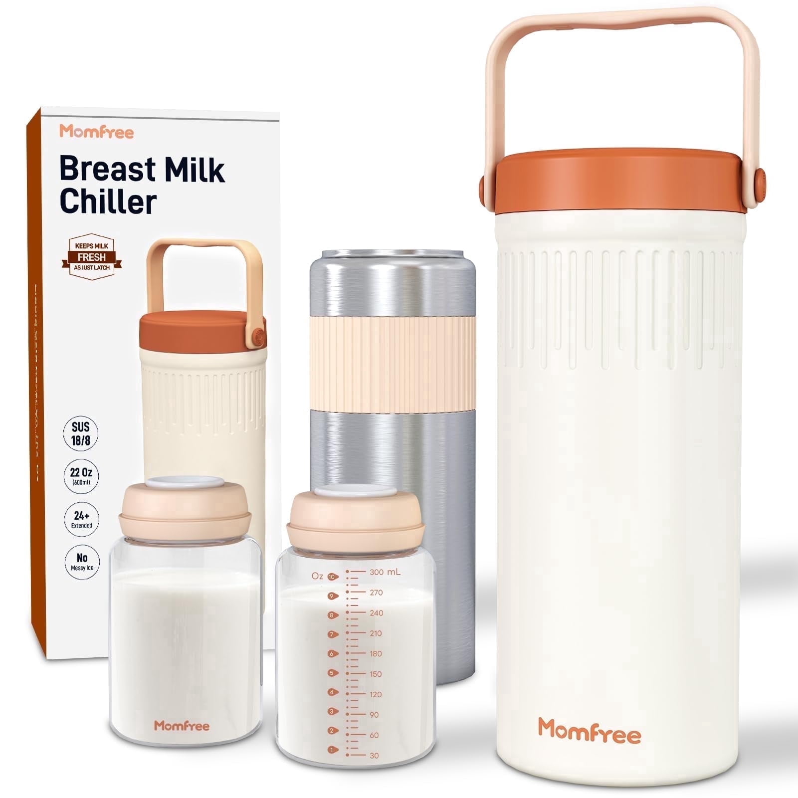 Momfree 22oz Portable Breast Milk Cooler, 24H 360° Continuous Cooling, Stainless Steel Breastmilk Chiller with 2 BPA-Free Bottles for Travel