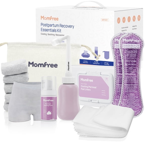 Momfree 7‑in‑1 Postpartum Recovery Essentials Kit, Hospital Bag Supplies for Labor & Delivery, Peri Bottle, Perineal Healing Foam, Cooling Pad Liners, Disposable Underwear & Storage Bag