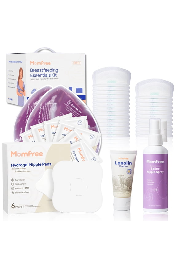 Breastfeeding Essentials Kit for Nursing Moms,60 Piece Gift Set with Reusable Hot and Cold Breast Therapy Packs,Hydrogel Nipple Pads,Nursing Pads