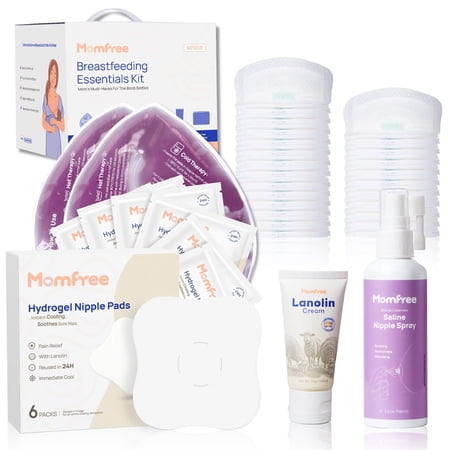 Momfree Breastfeeding Essentials Kit for Nursing Moms,60 Piece Gift Set with Reusable Hot and Cold Breast Therapy Packs,Hydrogel Nipple Pads,Nursing Pads