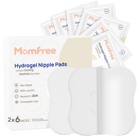 Momfree Hydrogel Nipple Pads for Breastfeeding, Instant Cooling Relief, 12 Count (6 Packs), Reusable Nipple Gel Pads for Sore Nipples